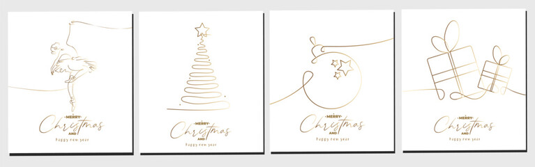 Vector set of continuous line greeting cards of gold new year tree, ball, ballerina and gift box. Merry Christmas concept on white background