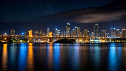 Fototapeta premium Captivating Low Light Photography of Urban Nightscapes with Glowing City Lights, Starry Skies, and Dreamy Reflections for Atmospheric Mood and Creative Inspiration
