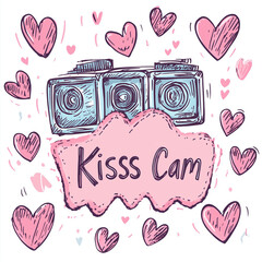 Camera on white background with Kiss Cam writing and hearts