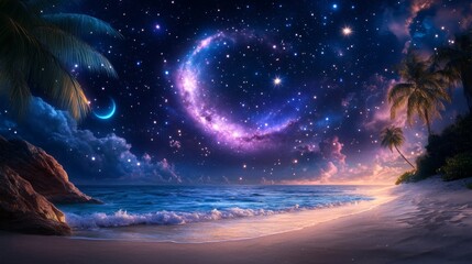 Fototapeta premium Serene beach under a cosmic night sky