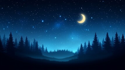 Serene night sky over a tranquil forest landscape