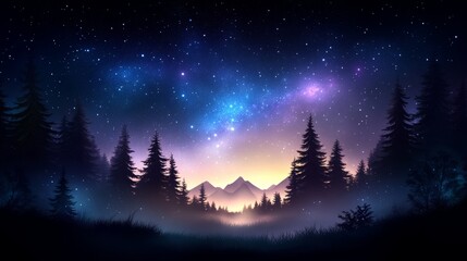 Fototapeta premium Enchanted night sky over tranquil forest landscape