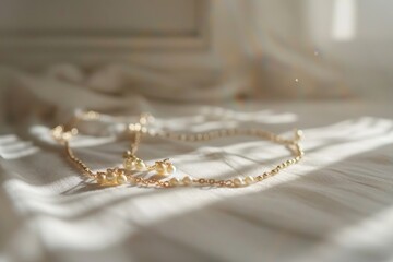 Selective focus minimalist luxury: gold jewelry on clean white surface