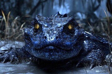 Fototapeta premium Blue Crocodile in a Mysterious Nocturnal Environment, A Lunar Explorer of the Night, Exotic Reptile in the Shadows