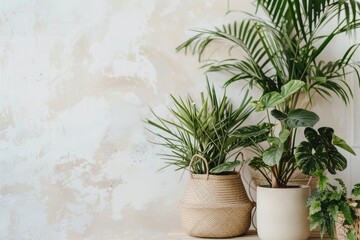 Obraz premium A collection of stylish indoor plants in modern pots placed against a textured wall, perfect for home decor and interior design inspiration.