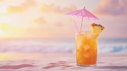 Refreshing cocktail with ripe pineapples a straw and a pink umbrella against a sandy beach backdrop embodying summer leisure and vacation vibes in soft pastel tones