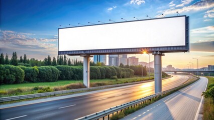 A large blank billboard by the highway, surrounded by trees and modern buildings under a bright sky.