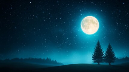 Serene night landscape with full moon and silhouette trees