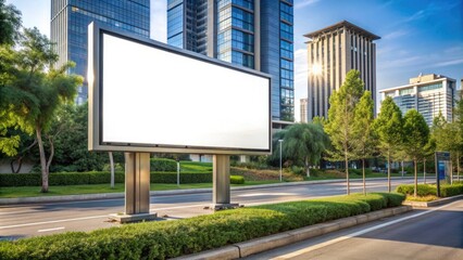 Fototapeta premium A blank billboard stands prominently on a busy urban street, surrounded by lush greenery and modern skyscrapers.