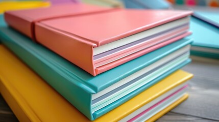 Notebooks with colored covers on the table. Space for text.