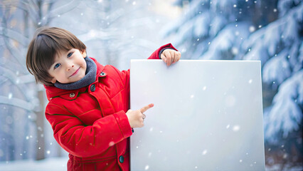 Christmas winter child in a red coat holding a blank mock up poster with copy space in a snowy landscape, perfect for Xmas seasonal promotions and messages.
