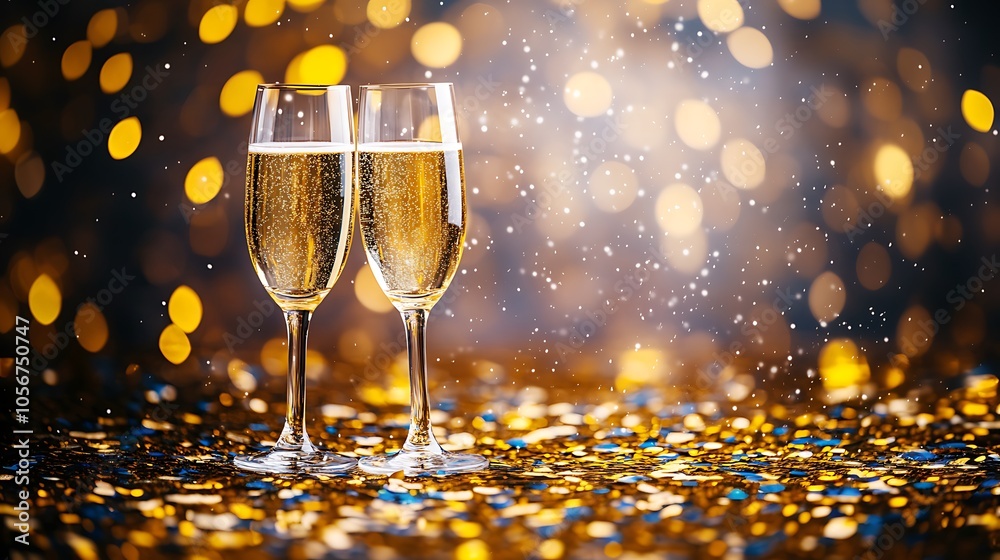 Wall mural closeup of two champagne glasses clinking together, with golden confetti scattered around them on a 