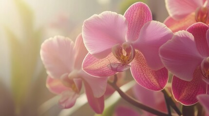 Close-up of a pink orchid blooming in a modern orchid research center,