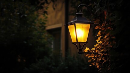 Vintage street lamp illuminating the evening casting a warm glow in the darkness