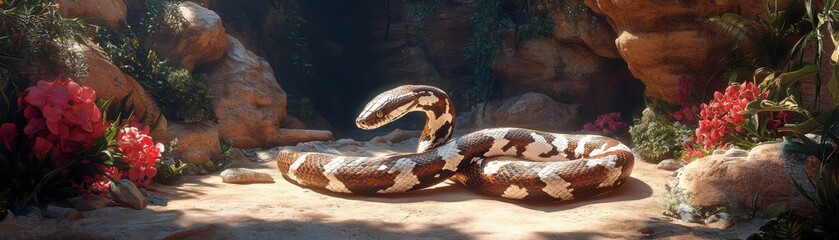 Obraz premium Camouflaged Snake in an Exotic Setting A Hidden Serpent Blends Seamlessly with Its Environment, showcasing the art of nature's disguise This cold-blooded reptile is a master of camouflage, perfectly