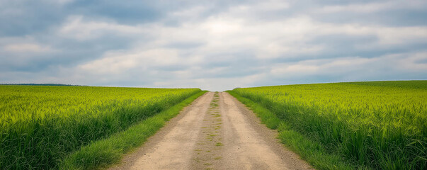 Scenic rural path dividing lush green fields under cloudy sky, nature landscape view, countryside serenity concept