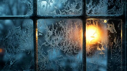 Frost-covered window with a foggy, diffused light shining through, creating a textured, ethereal effect. . Video - Powered by Adobe