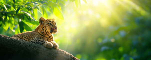 Majestic leopard lounging on tree branch under sunlight in vibrant jungle, wildlife photography essence