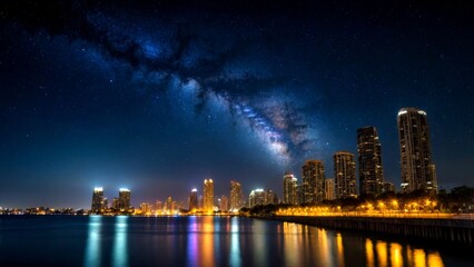 Fototapeta premium Captivating Night Photography of Urban Landscapes with Starry Skies, City Lights, and Vibrant Colors for Stunning Visuals and Mood Enhancement in Nighttime Settings