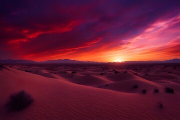 A deep red and purple sunset over a desert the sky glowing with intense fiery colors, AI Generated
