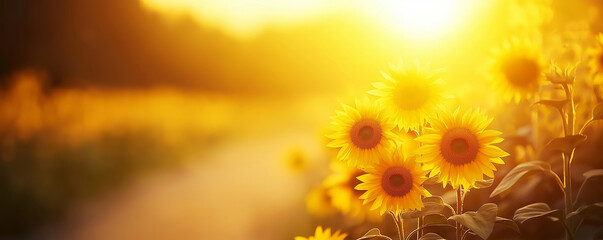 Obraz premium Radiant sunflowers glowing in golden sunlight, blurred field background, vibrant summer scene, nature beauty, agricultural landscape concept