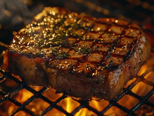 Close-up of a sizzling, perfectly grilled steak with a golden crust, showcasing the delicious...