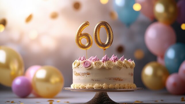 Celebration with a gold 60 cake topper surrounded by colorful festive balloons
