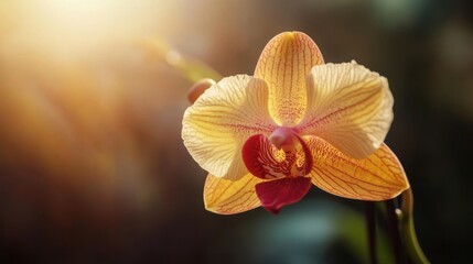 Close-up of a yellow orchid with red accents blooming in a controlled environment,