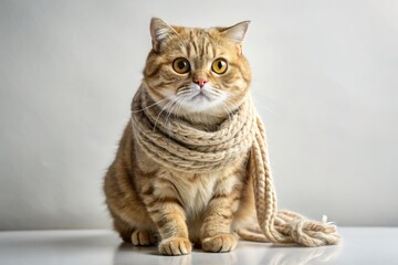 Obraz premium A cute Scottish Fold cat dons a winter scarf, illustrated in friendly brown or golden shades on a white background, showcasing feline charm for pet enthusiasts.