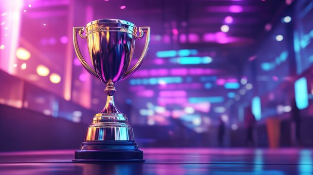 A gleaming trophy stands tall representing triumph and accomplishment in a lively energetic setting This image embodies the spirit of celebration and success