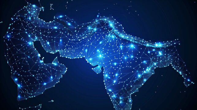 Abstract map of saudi arabia and mena  global connectivity, cyber technology, and data exchange