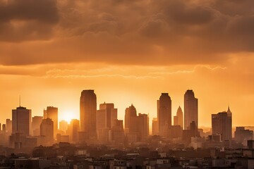 Fototapeta premium A golden sunset sky over a cityscape casting a warm glow on tall buildings, Ai Generated