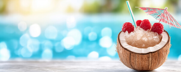 Refreshing coconut cocktail, raspberries, straw, ice, poolside relaxation, tropical drink with umbrella, summer vibes, vacation refreshment concept