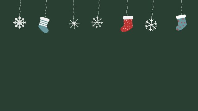 Christmas animated footage landscape with socks, snow green background