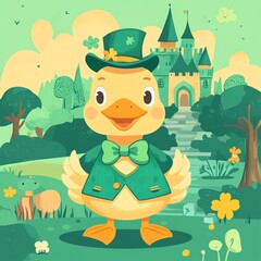 Naklejka premium Cute woodland creatures, duck in shamrock bowtie and festive outfit, mini castle in the background, flat design illustration