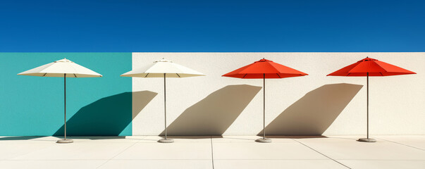 Vibrant red and white umbrellas casting long shadows against a colorful wall under clear blue sky, symmetry concept - Powered by Adobe