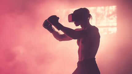 Silhouette of Person Throwing Punches with VR Gear, emphasizing motion and power against a soft-lit background