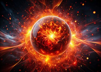 Obraz premium A stunning sphere of energy emerges from a fiery red particle explosion in a dark void, masterfully illustrating the beauty of dynamic portrait photography.