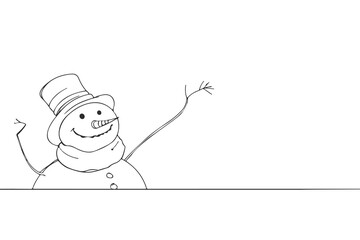 Snowman Cartoon Line Art Drawing. Merry Christmas Concept Minimalist Linear Drawing. Happy New Year Abstract Minimal Vector Illustration.