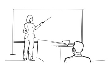 Business Presentation Silhouette Line Art Vector Illustration. Abstract Black Sketch Illustration of Businessman on Podium and People Group for Minimalist Design.