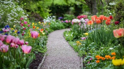 Elegant garden walkway bordered by an array of beautiful flowers in full bloom,