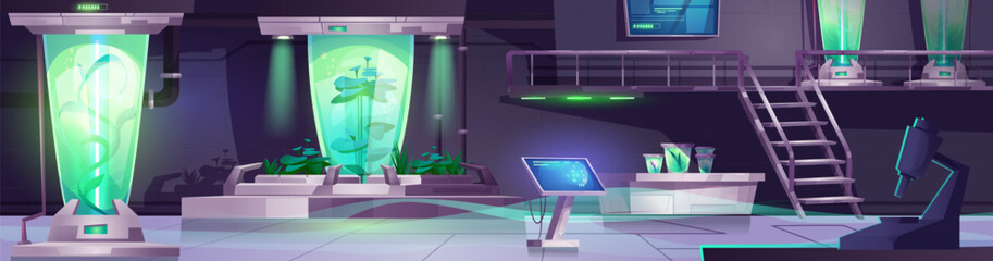 Futuristic spaceship lab with plant samples. Vector cartoon illustration of space laboratory with modern computers, green sprouts in capsules, modern microscope, scifi game bunker, scientific research © klyaksun