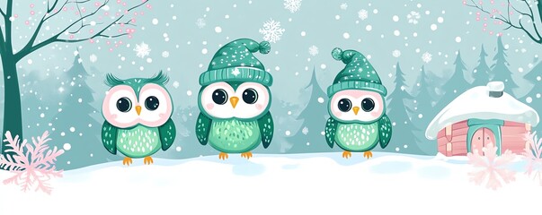 Obraz premium Owls with green feathers and hats, winter scene, mini snow home and pink snowflakes, flat design illustration