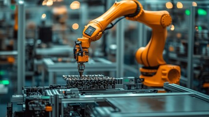 Orange Robotic Arm Performing Precision Work on a Machine