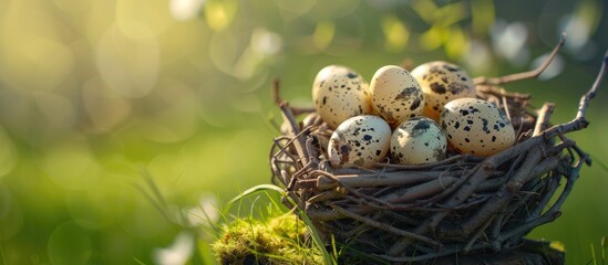 Fototapeta premium Quail Eggs In A Decorative Nest On A Stump On The Background Of Green Grass Spring Concept