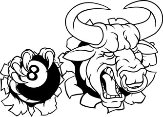 A bull or Minotaur monster longhorn cow angry mean pool mascot cartoon character.