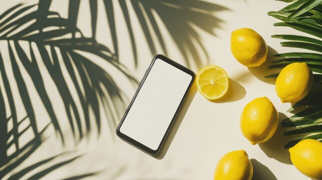 Summertime smartphone mockup featuring a blank device with lemons and a shadow from a palm leaf