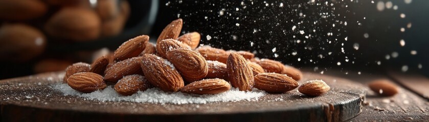 Fototapeta premium Crispy Roasted Almonds with Sea Salt Healthy Fats, Crunchy Snack, Superfood Goodness Deliciously Salty Satisfying, Perfect for On-the-Go Snacking, Meal Prep, and Healthy Eating