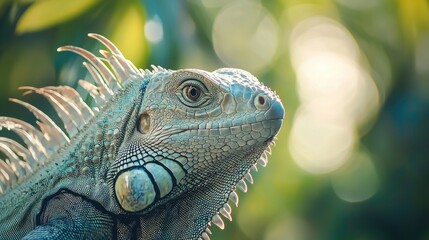 Fototapeta premium Close Up Of A Iguana Harmless Reptile Selective Focus Of Lizard With Blur Background