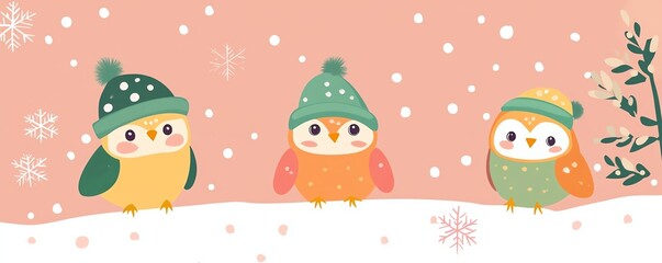 Fototapeta premium Winter owls with green feathers and hats, mini snow home, falling pink snowflakes, flat design illustration